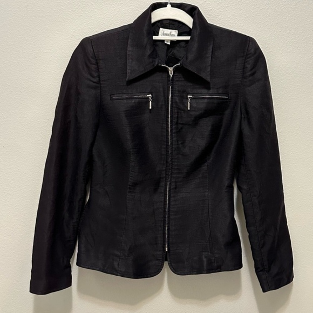 Neiman Marcus Blazer Jacket Black w Silver Zippers Size 2 Fully Lined Pre Owned
